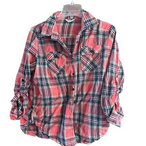 Passport Womens Pink Green Plaid Roll Tab Sleeve Button Down Shirt